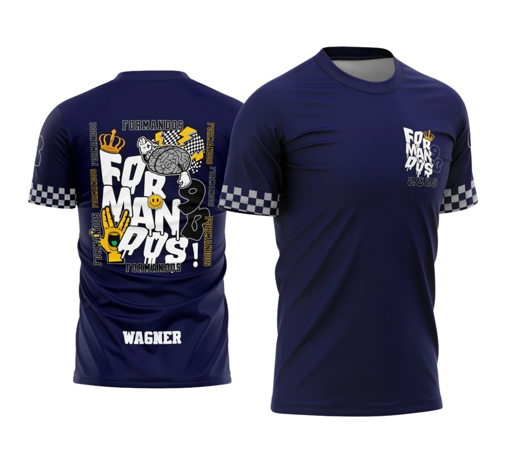Mockup de camiseta azul marinho de formatura para o nono ano. Nas costas, arte streetwear com a palavra FORMANDOS em letras brancas derretidas, acompanhada de ilustrações doodle como um cérebro, coroa e mão amarela. Mangas com estampa quadriculada em preto e branco. Personalizada com o nome Wagner na parte inferior. Produzida pela Tailey Sports em Palotina.