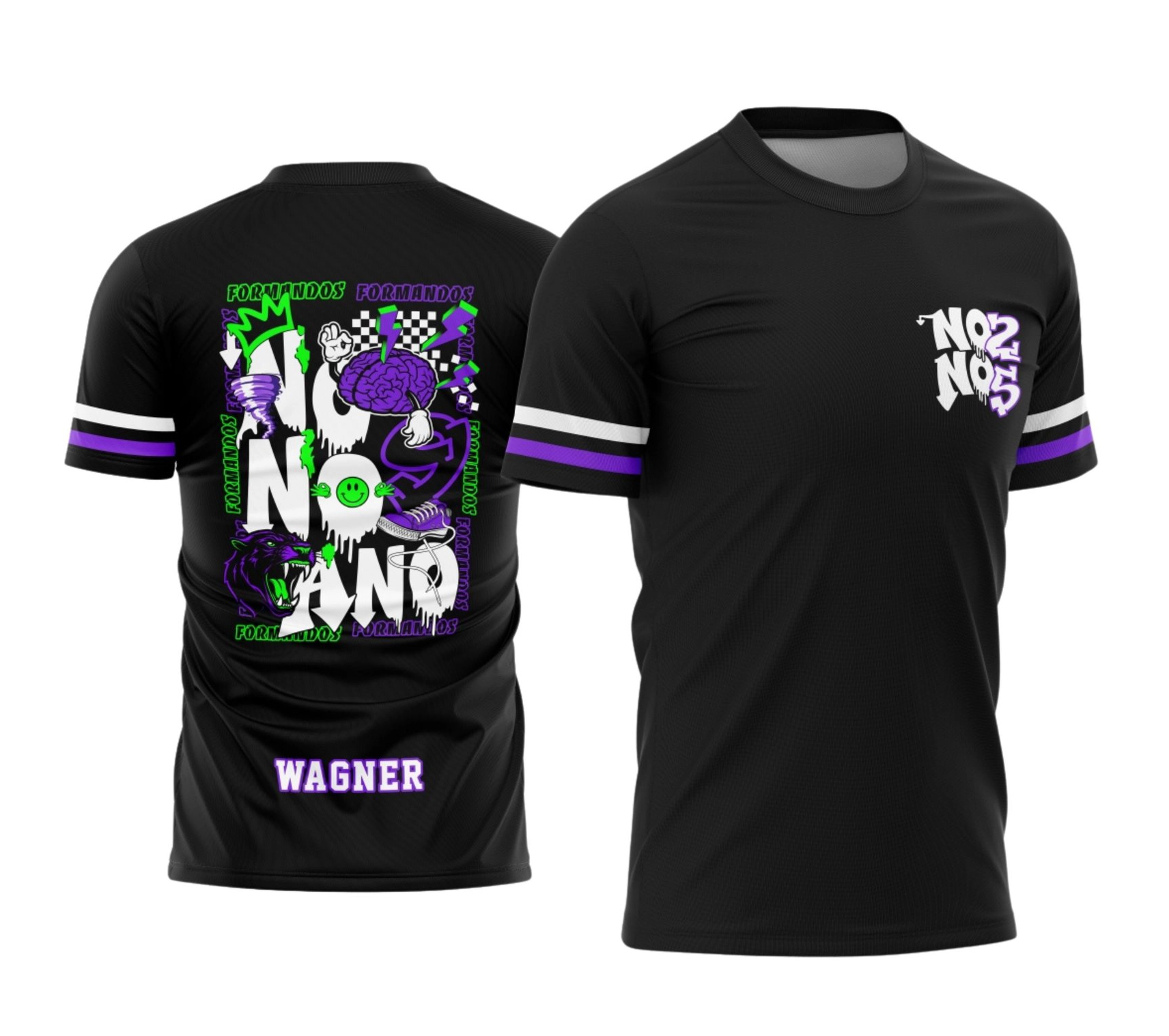 Mockup de camiseta preta de formatura para o nono ano com arte streetwear contendo um cérebro, pantera negra, carinha feliz e letras derretidas em roxo e verde neon. Camisa personalizada com o nome Wagner nas costas, produzida pela Tailey Sports em Palotina.