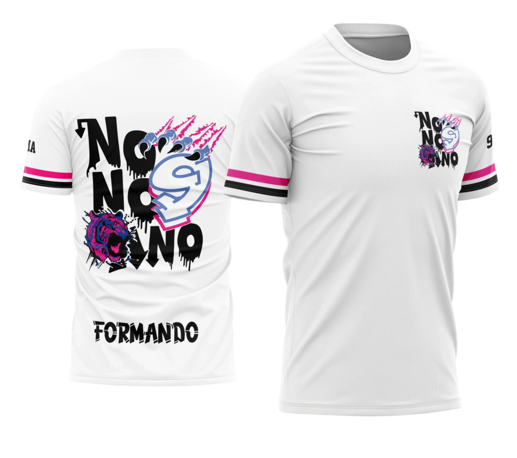 Mockup de camiseta branca de formatura para o nono ano. Nas costas, arte streetwear contendo o rosto de um tigre em tons de rosa e azul, marcas de garras e a tipografia "NO NO ANO" com efeito derretido em preto. A palavra "FORMANDO" aparece na parte inferior. No peito, logotipo com os mesmos elementos em miniatura. Produzida pela Tailey Sports em Palotina.