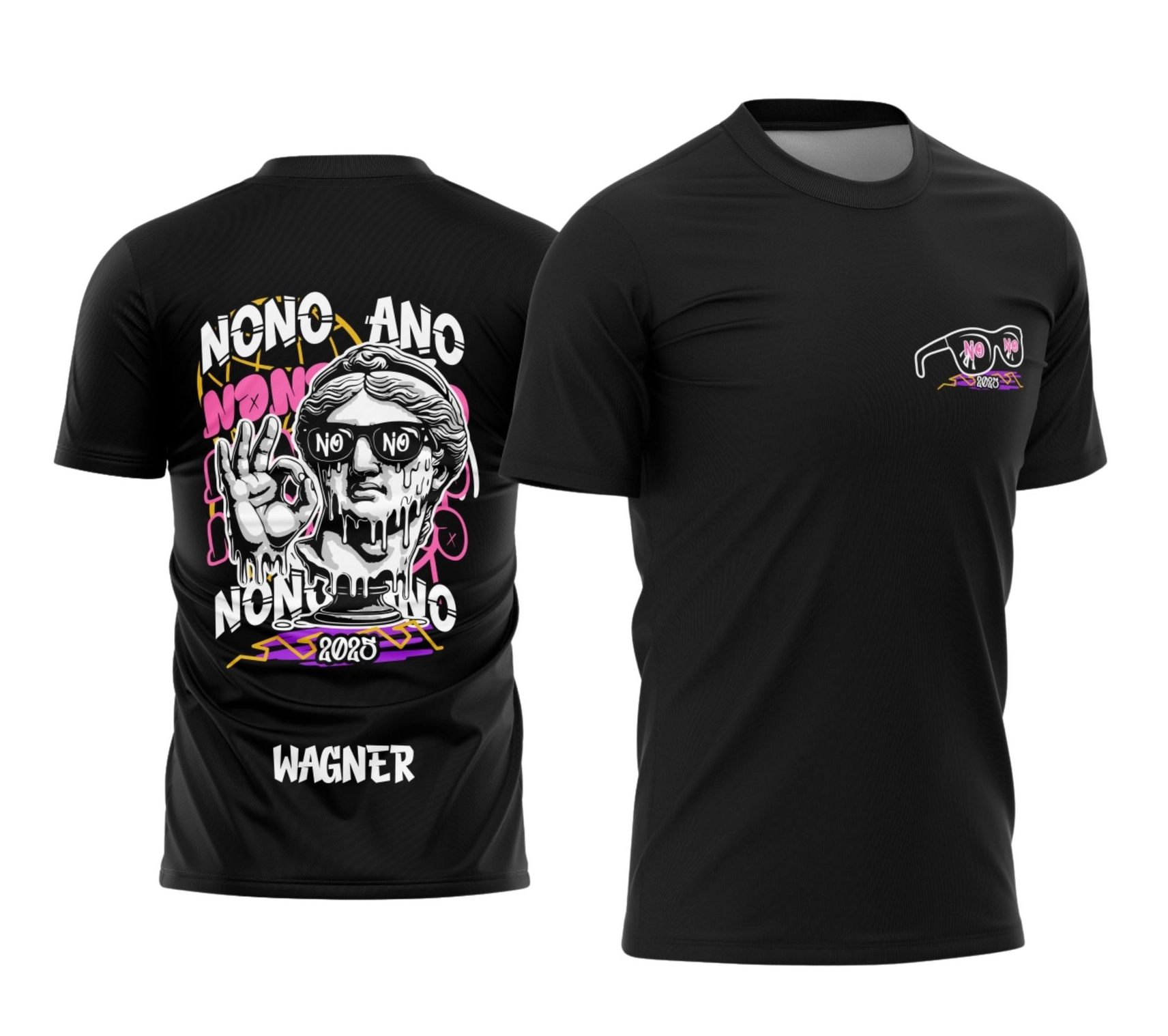 Mockup de camiseta preta de formatura para o nono ano. Nas costas, arte streetwear contendo um personagem de coelho com óculos escuros, cartas de poker, fichas de cassino e a tipografia "NO NO ANO" em verde neon e roxo, além do nome Wagner na base. No peito, pequeno logotipo com cartas e fichas. Produzida pela Tailey Sports em Palotina.