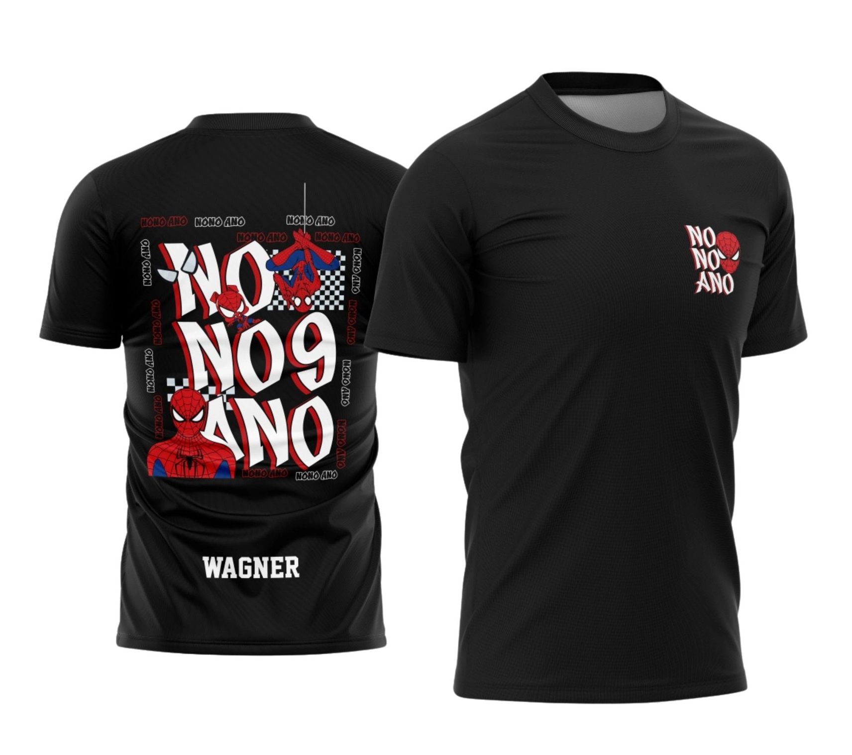 Mockup de camiseta preta de formatura para o nono ano com arte streetwear inspirada no Homem-Aranha clássico. Nas costas, o herói em várias poses interagindo com a tipografia dinâmica "NO N9 ANO", além do nome Wagner. No peito, logotipo personalizado com a máscara do personagem. Produzida pela Tailey Sports em Palotina.
