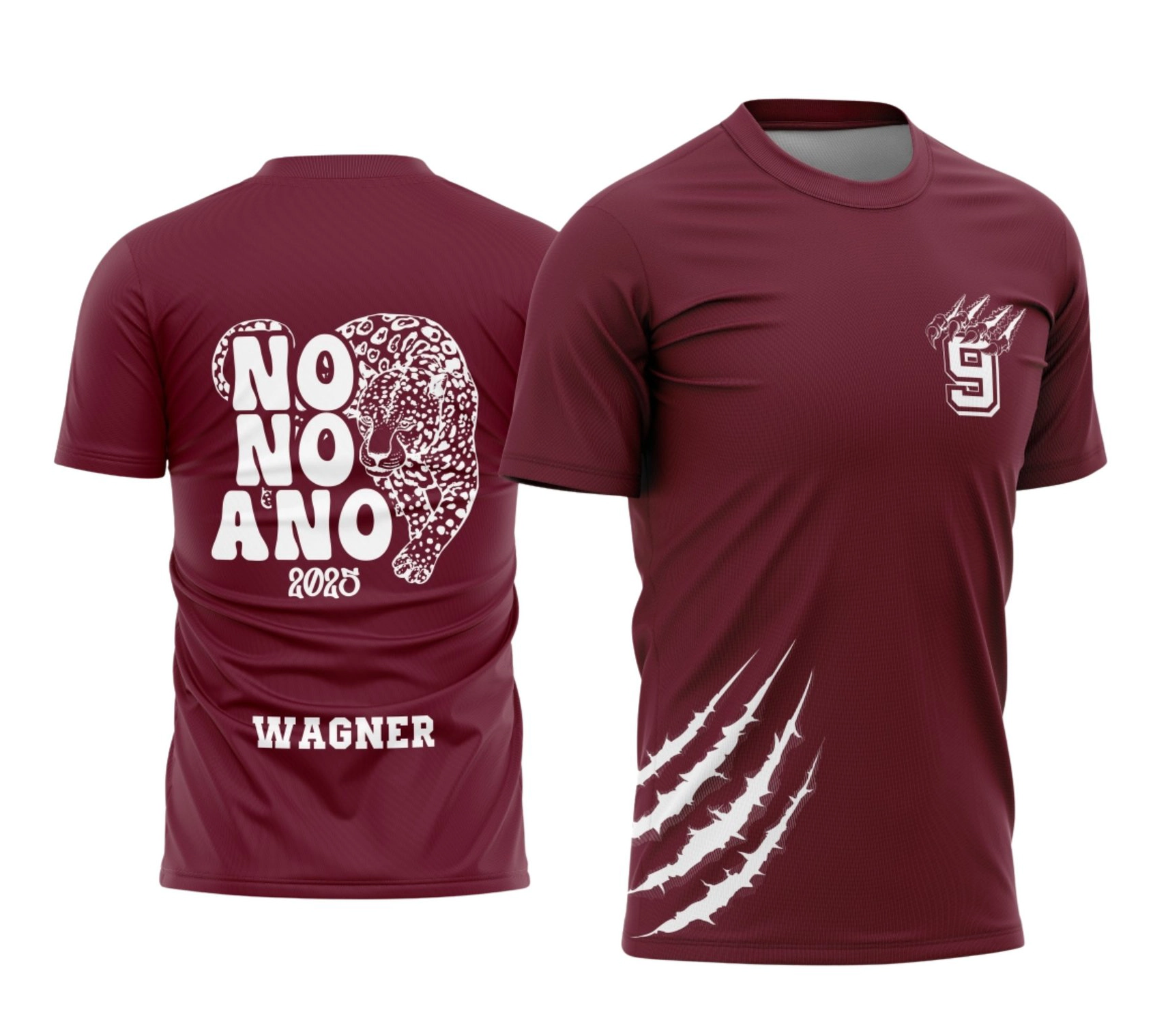 Mockup de camiseta bordô de formatura para o nono ano. Nas costas, arte em branco com a tipografia arredondada "NO NO ANO", a ilustração de uma onça-pintada e o nome Wagner na base. Na frente, logotipo do número 9 com marcas de arranhões no peito e grandes rasgos de garras brancas na lateral inferior. Produzida pela Tailey Sports em Palotina.