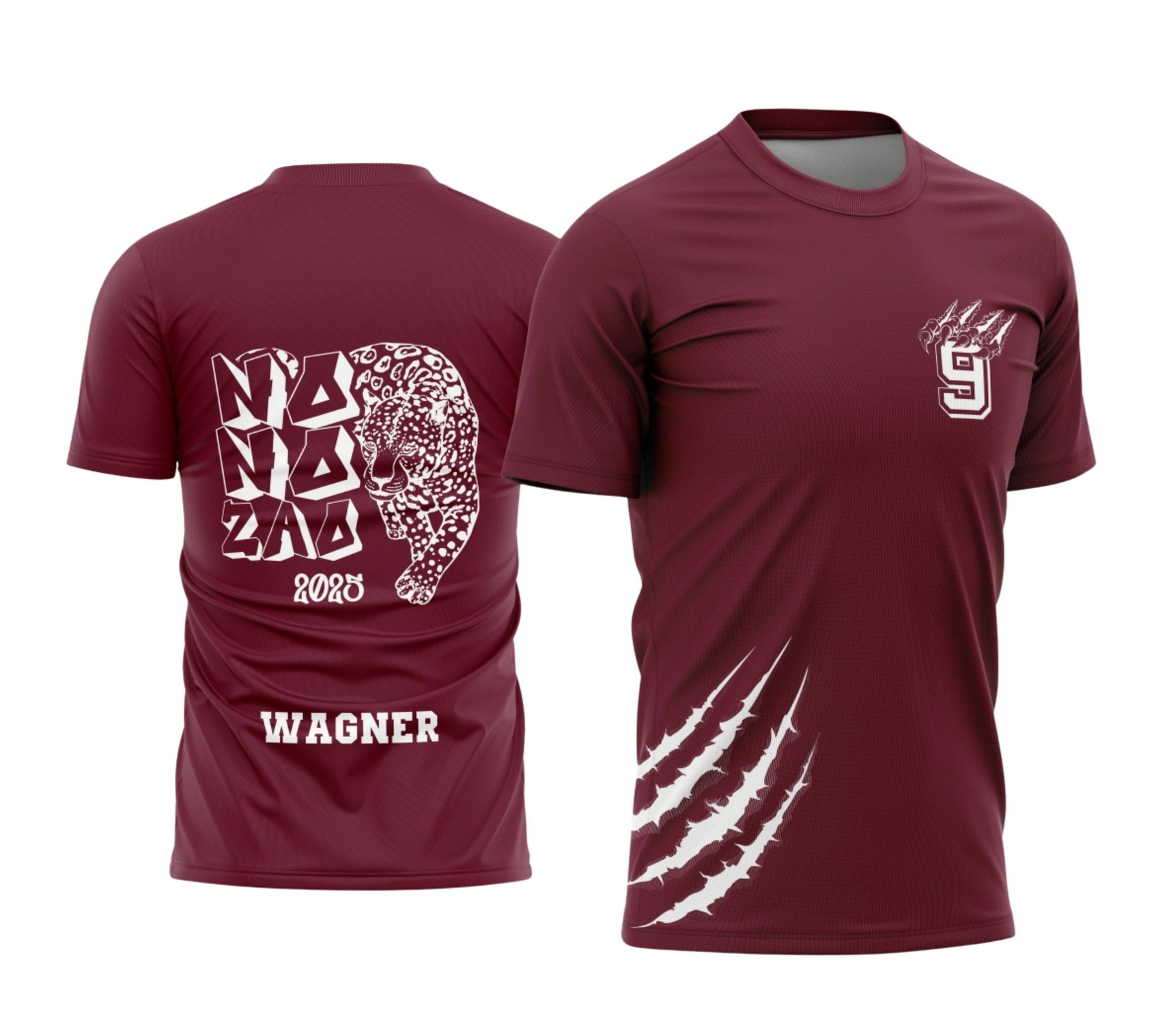 Mockup de camiseta bordô de formatura para o nono ano. Nas costas, arte branca com a tipografia estilizada "NO NO ANO", a ilustração de uma onça-pintada caminhando e o nome Wagner na base. Na frente, logotipo do número 9 com marcas de arranhões no peito e grandes rasgos de garras brancas na lateral inferior. Produzida pela Tailey Sports em Palotina.