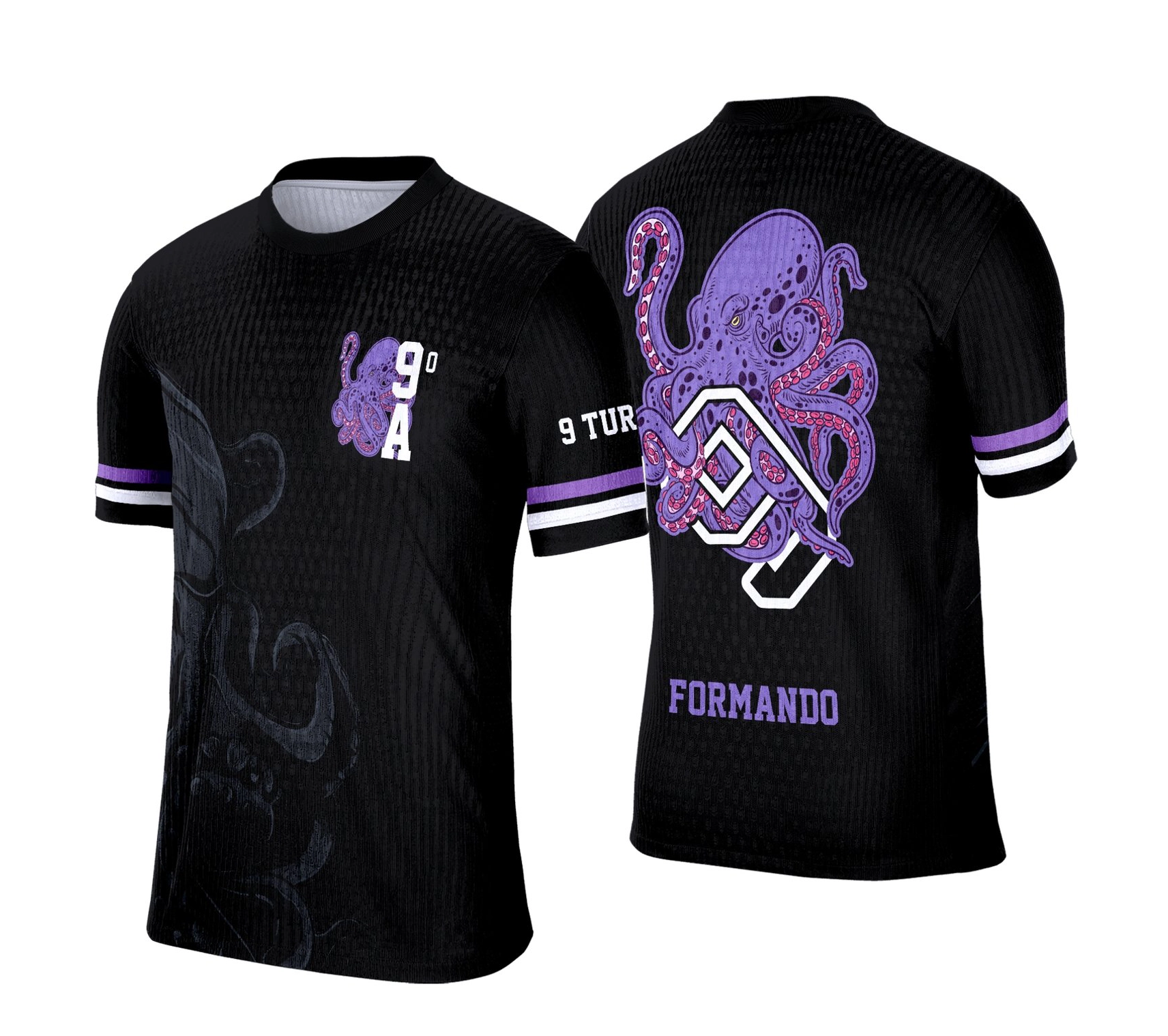 Mockup de camiseta preta de formatura para o nono ano contendo a ilustração de um polvo roxo envolvendo o número 9 nas costas e escudo da turma no peito. Apresenta detalhes em roxo e branco nas mangas. Produzida pela Tailey Sports em Palotina.
