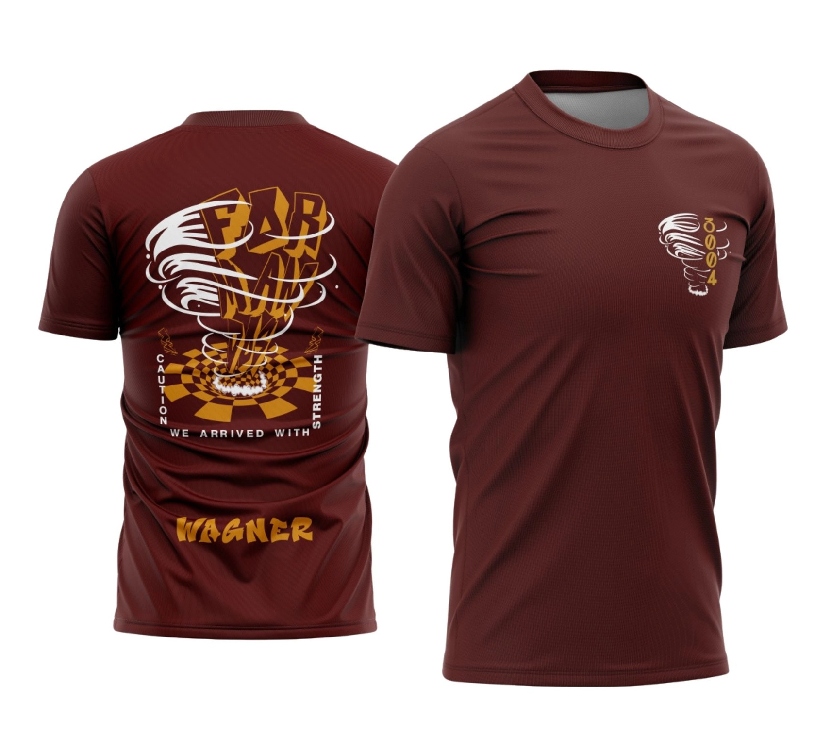 Mockup de camiseta bordô de formatura para o nono ano. Nas costas, arte com um tornado estilizado saindo de um piso quadriculado, frases em inglês sobre força e o nome Wagner em amarelo na base. No peito, logotipo de um pequeno tornado com o número da turma 3004. Produzida pela Tailey Sports em Palotina.