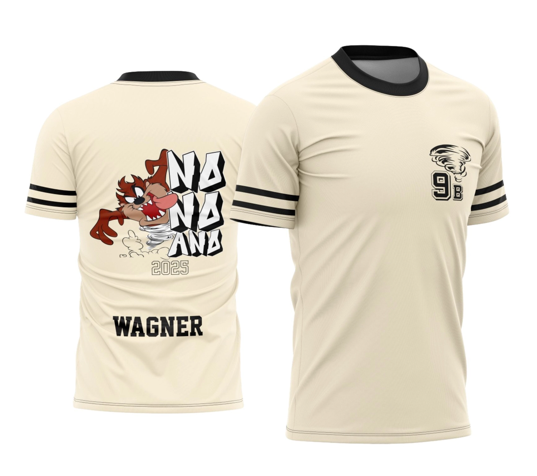 Camisa bege personalizada Nono Ano 2025 com estampa estilo Taz e nome do aluno nas costas