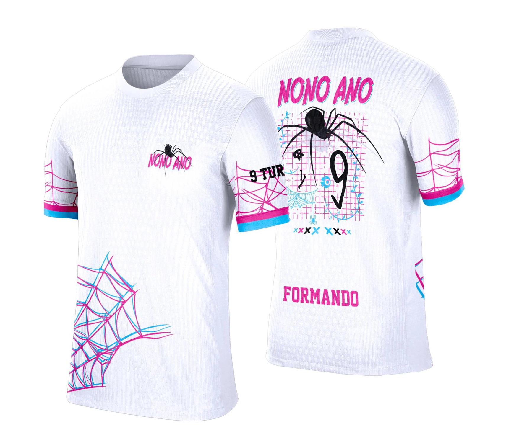 Camisa branca personalizada Nono Ano 2026 com aranha, teias coloridas e nome do aluno nas costas