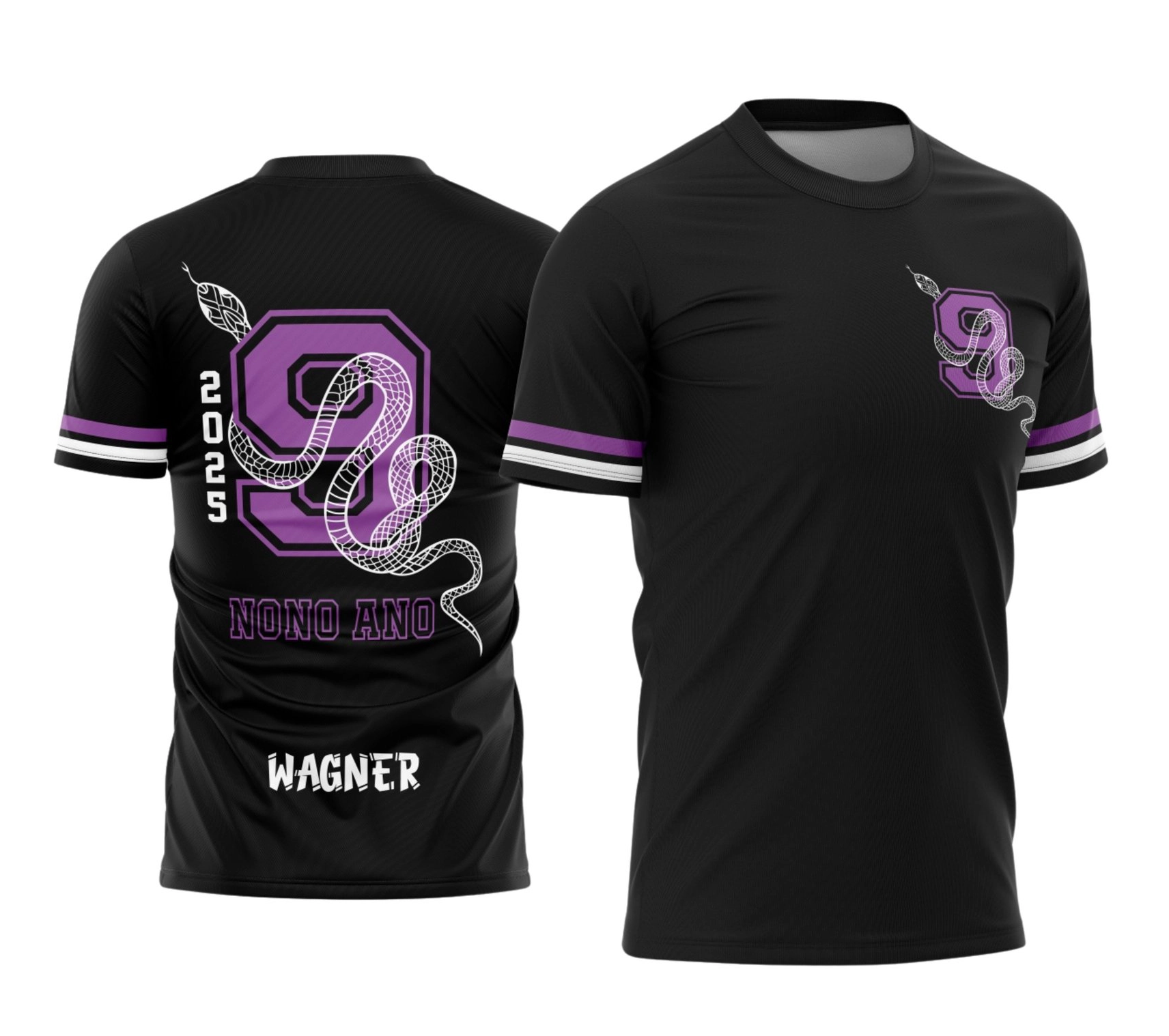 Camisa preta personalizada Nono Ano 2026 com cobra envolvendo o número 9 e nome do aluno nas costas