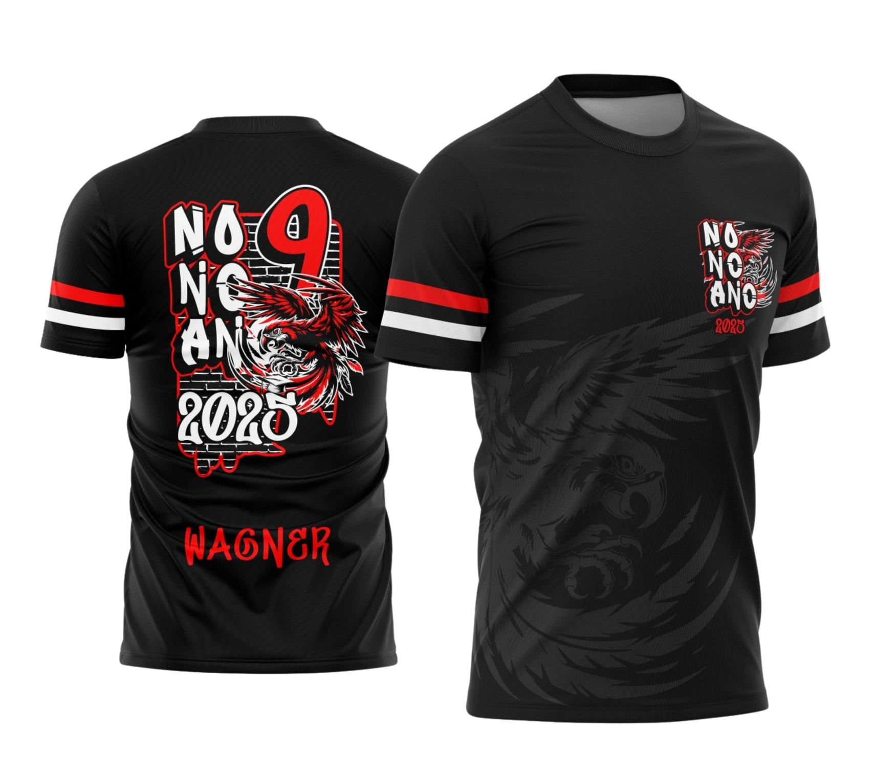 Camisa preta do terceirão 2026 modelo No Nono Ano com estampa de águia vermelha e personalização com nome do aluno