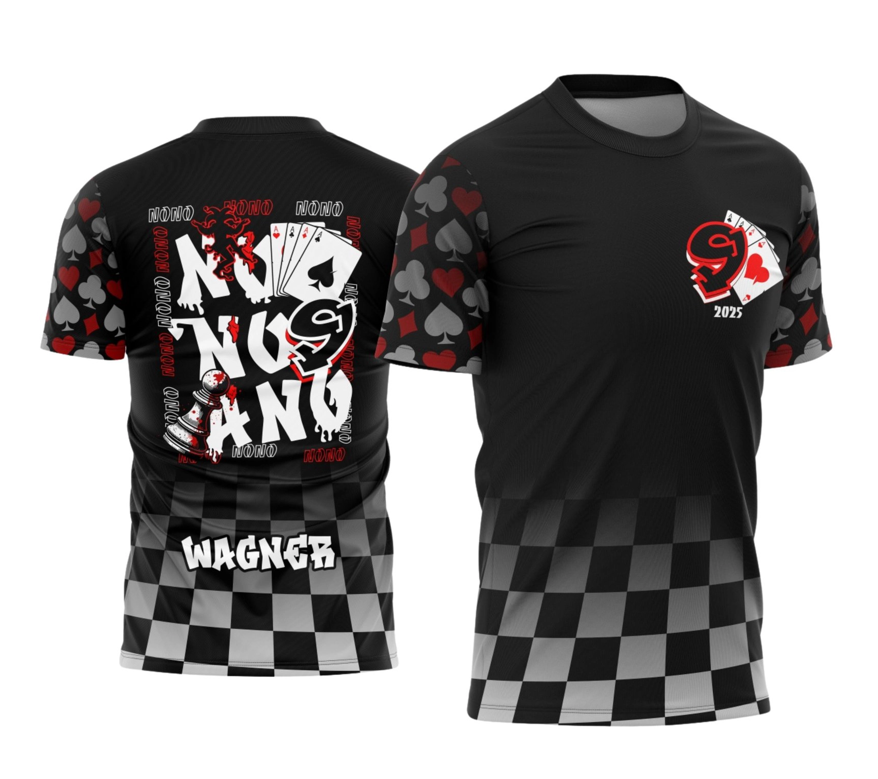 Camisa preta do terceirão 2026 modelo Nono Ano com estampa de cartas de baralho e personalização com nome do aluno