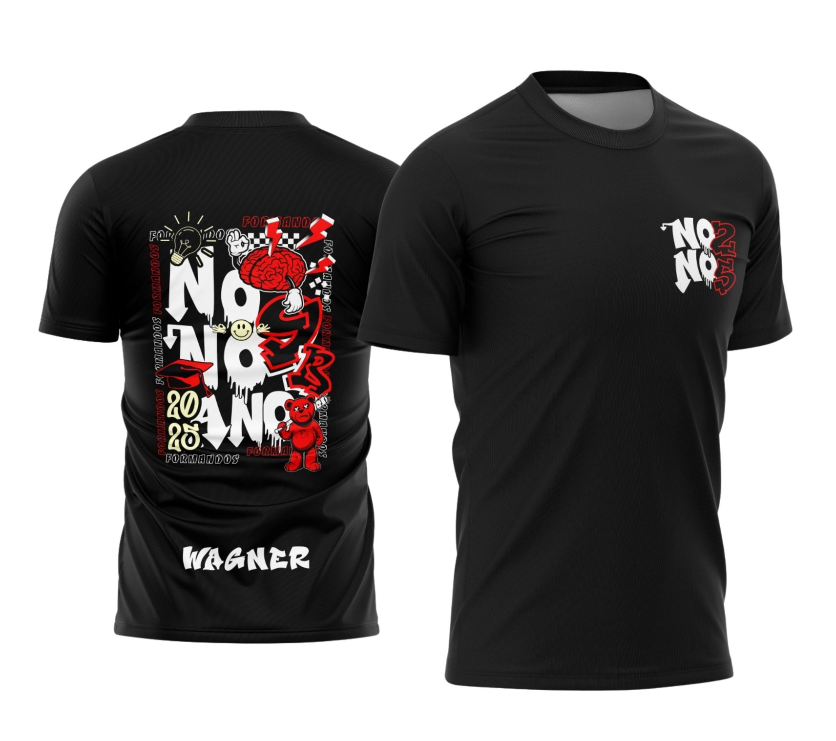 Camiseta preta de formatura do nono ano de 2025. A estampa nas costas apresenta um cérebro com raios, um urso vermelho, um capelo e o nome Wagner em estilo grafite. Na frente, um logo discreto "NONO 2026