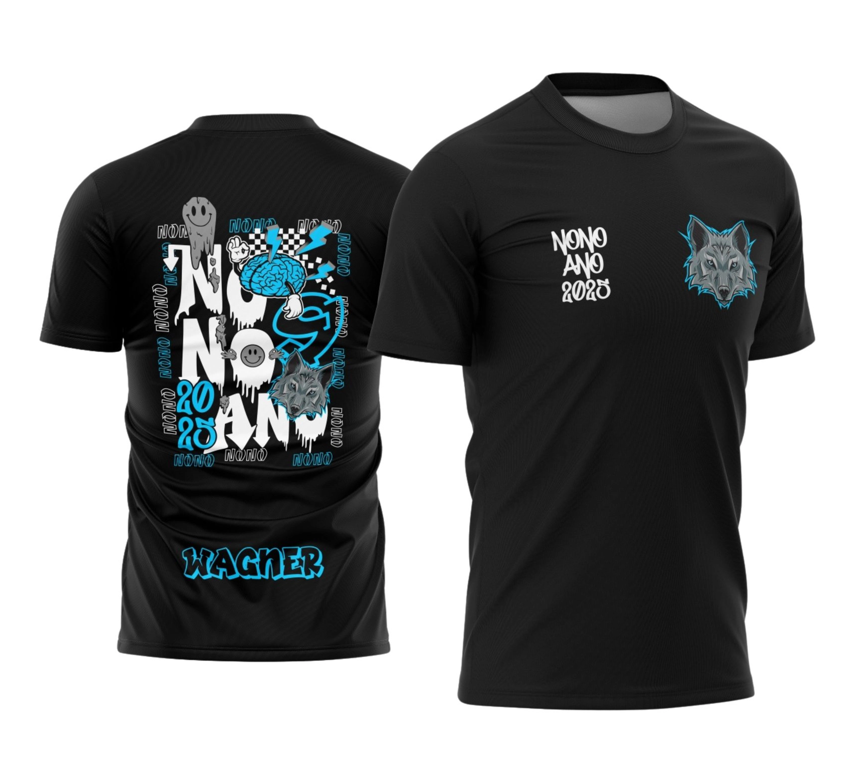 Camisa preta personalizada Nono Ano 2026 com estampa de lobo azul e nome do aluno nas costas