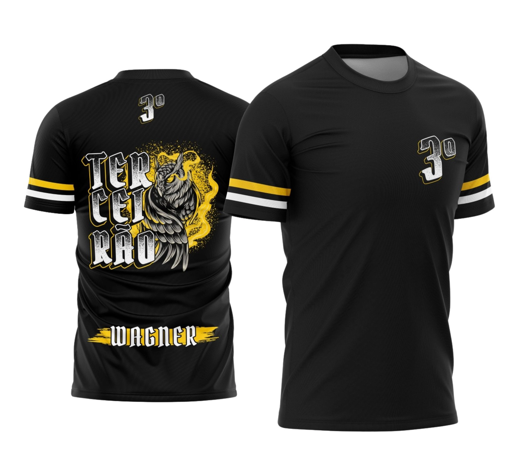 Camisa preta personalizada Terceirão 2026 com estampa de coruja dourada e nome do aluno nas costas