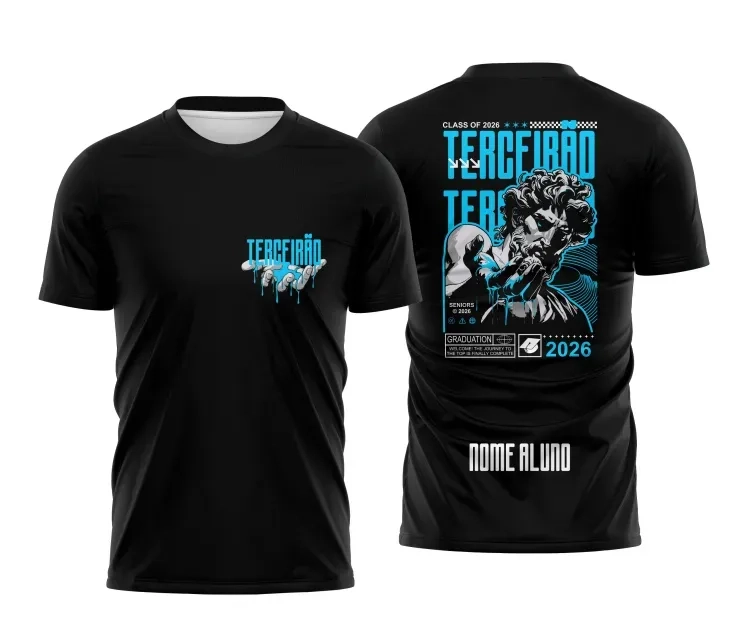 Camisa preta personalizada Terceirão 2026 com estampa de estátua em estilo moderno azul