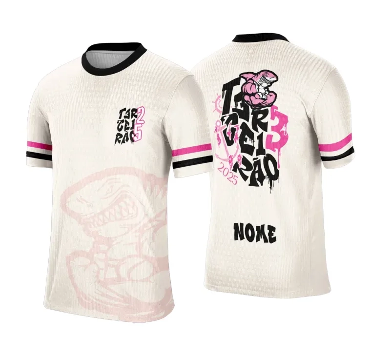 Camisa branca personalizada Terceirão 2026 com estampa de tubarão rosa e nome nas costas
