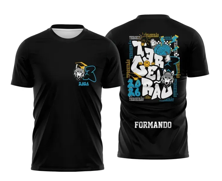 Camisa preta personalizada Terceirão 2026 com estampa graffiti de lobo e elementos urbanos
