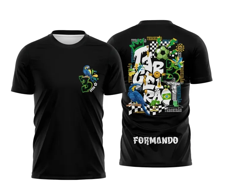 Camisa preta personalizada Terceirão 2026 com estampa Brasil, arara e elementos esportivos