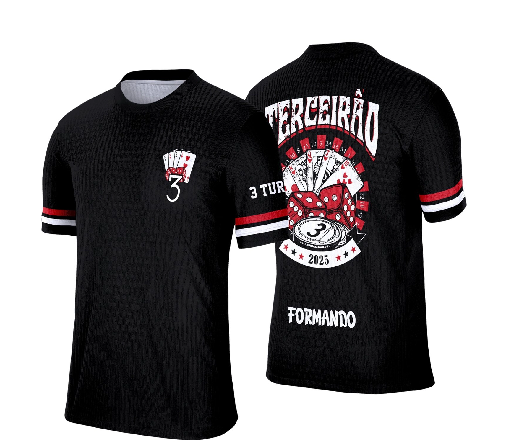 Camisa preta personalizada Terceirão 2026 com estampa de cassino, cartas, dados e fichas nas costas