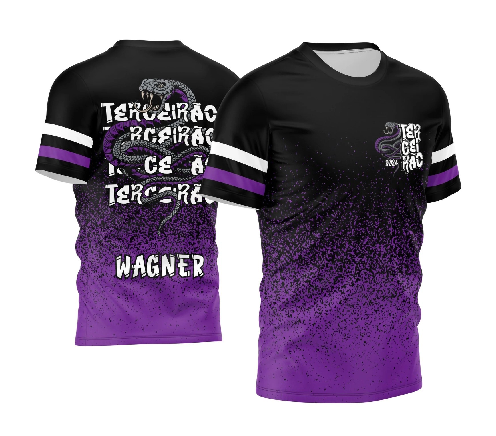 Camisa preta personalizada Terceirão 2026 com degradê roxo e estampa de cobra nas costas