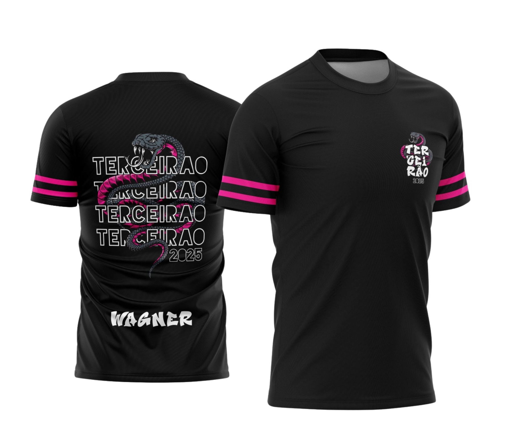 Camisa preta personalizada Terceirão 2026 com estampa de cobra rosa e nome nas costas