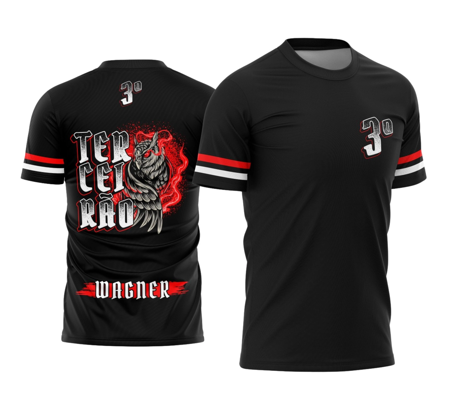 Camisa preta personalizada Terceirão 2026 com estampa de coruja vermelha e nome do aluno nas costas
