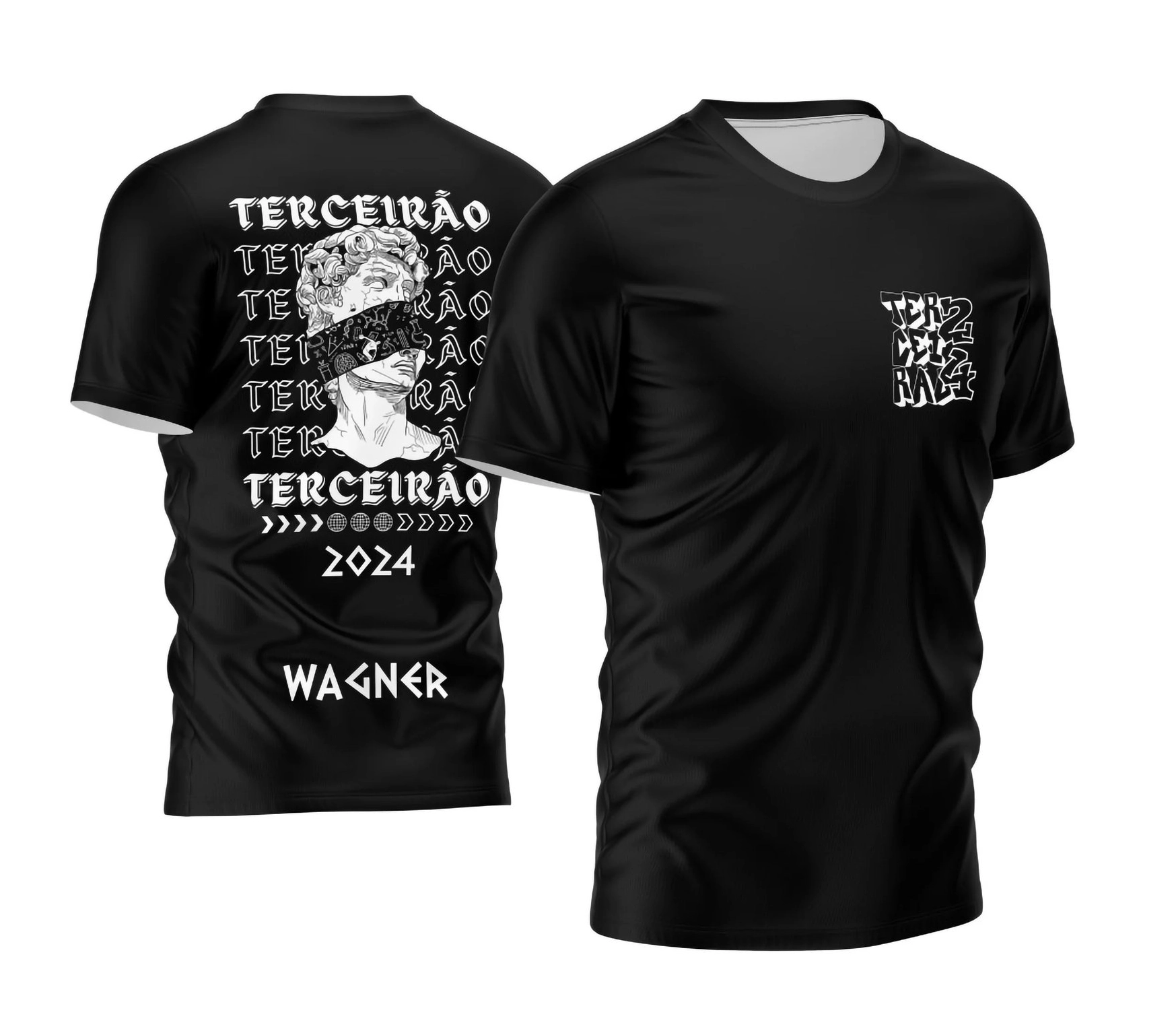 Camisa preta personalizada Terceirão 2026 com estampa de estátua clássica e tipografia moderna