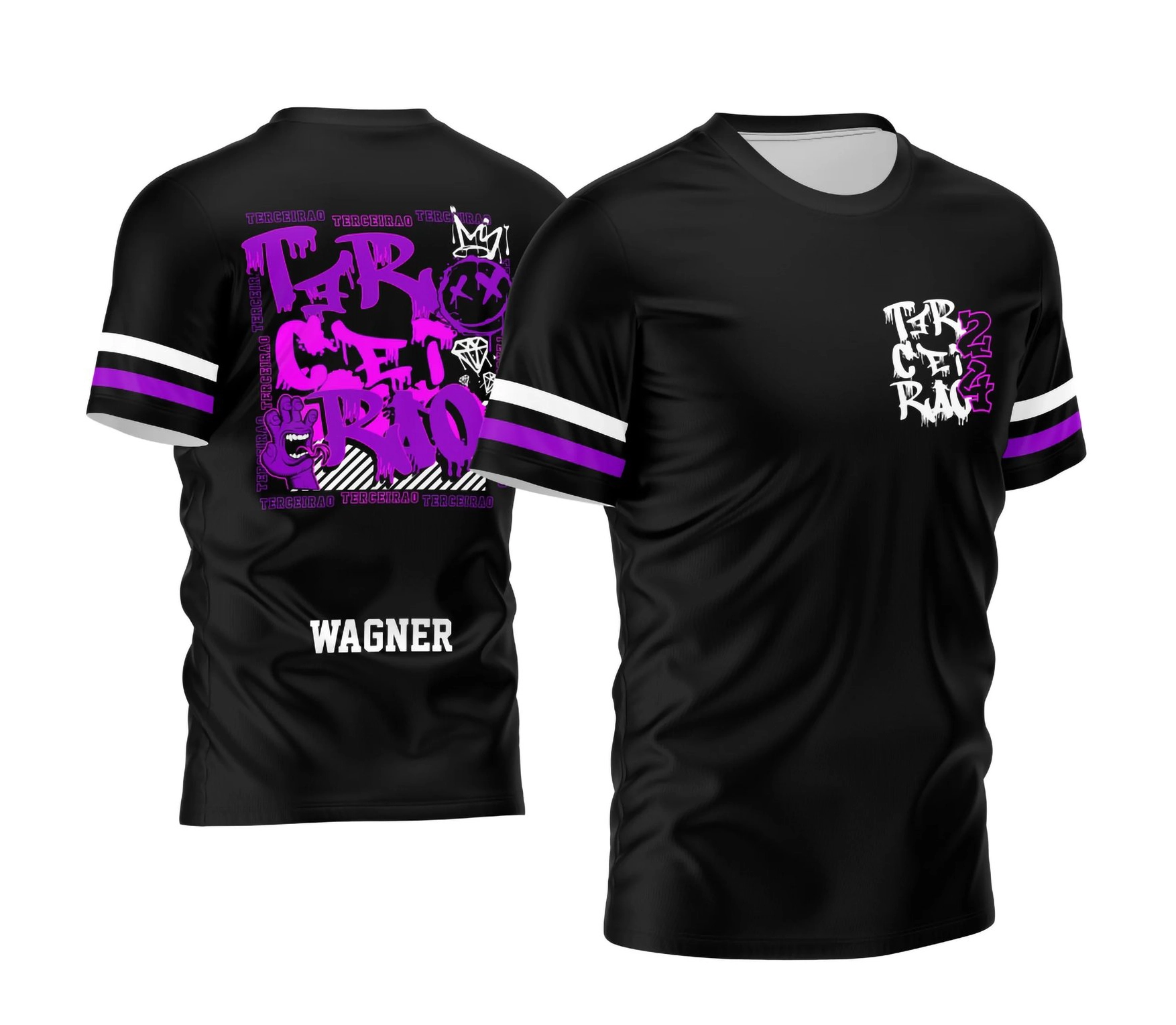 Camisa preta personalizada Terceirão 2026 com estampa grafite roxa e nome nas costas