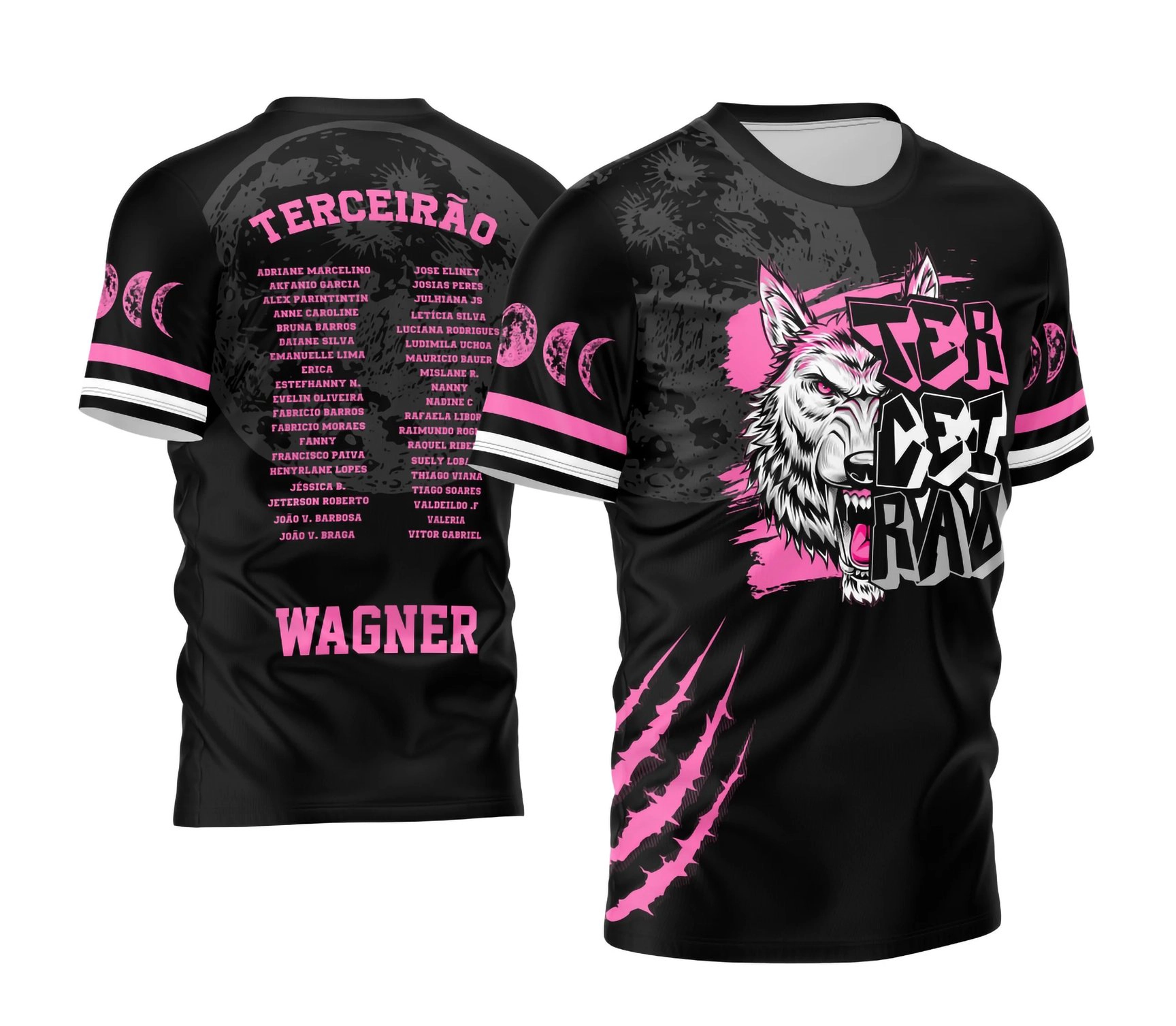 Camisa preta personalizada Terceirão 2026 com estampa de lobo rosa e nomes dos alunos nas costas