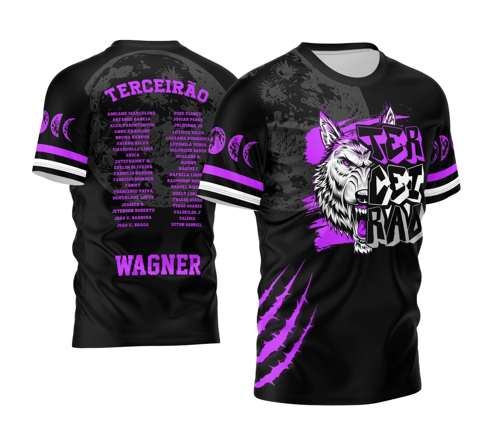 Camisa preta personalizada Terceirão 2026 com estampa de lobo roxo e lista de alunos nas costas