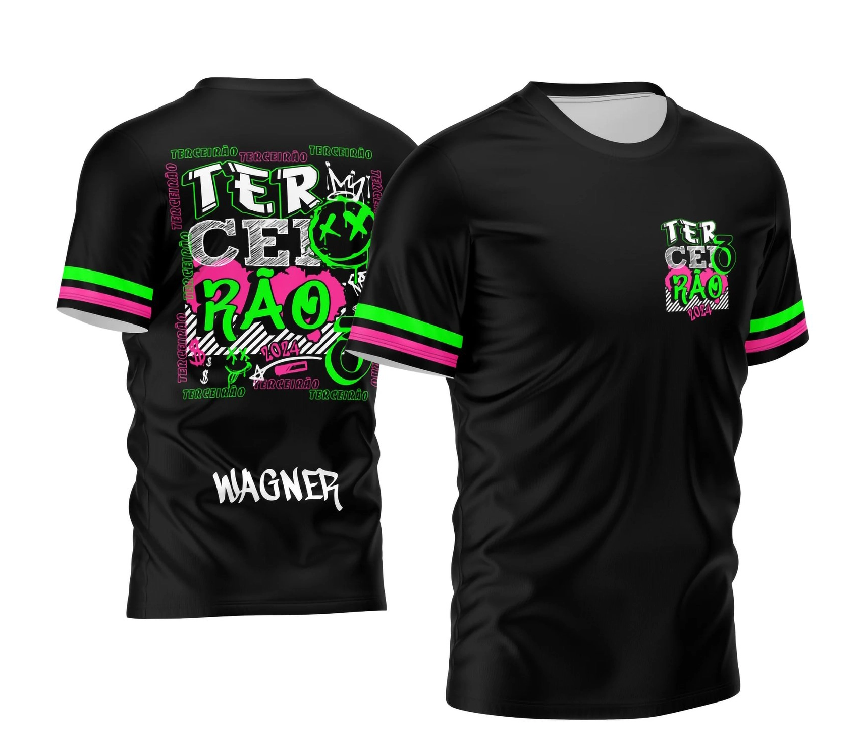 Camisa preta personalizada Terceirão 2026 com estampa neon verde e rosa em estilo grafite