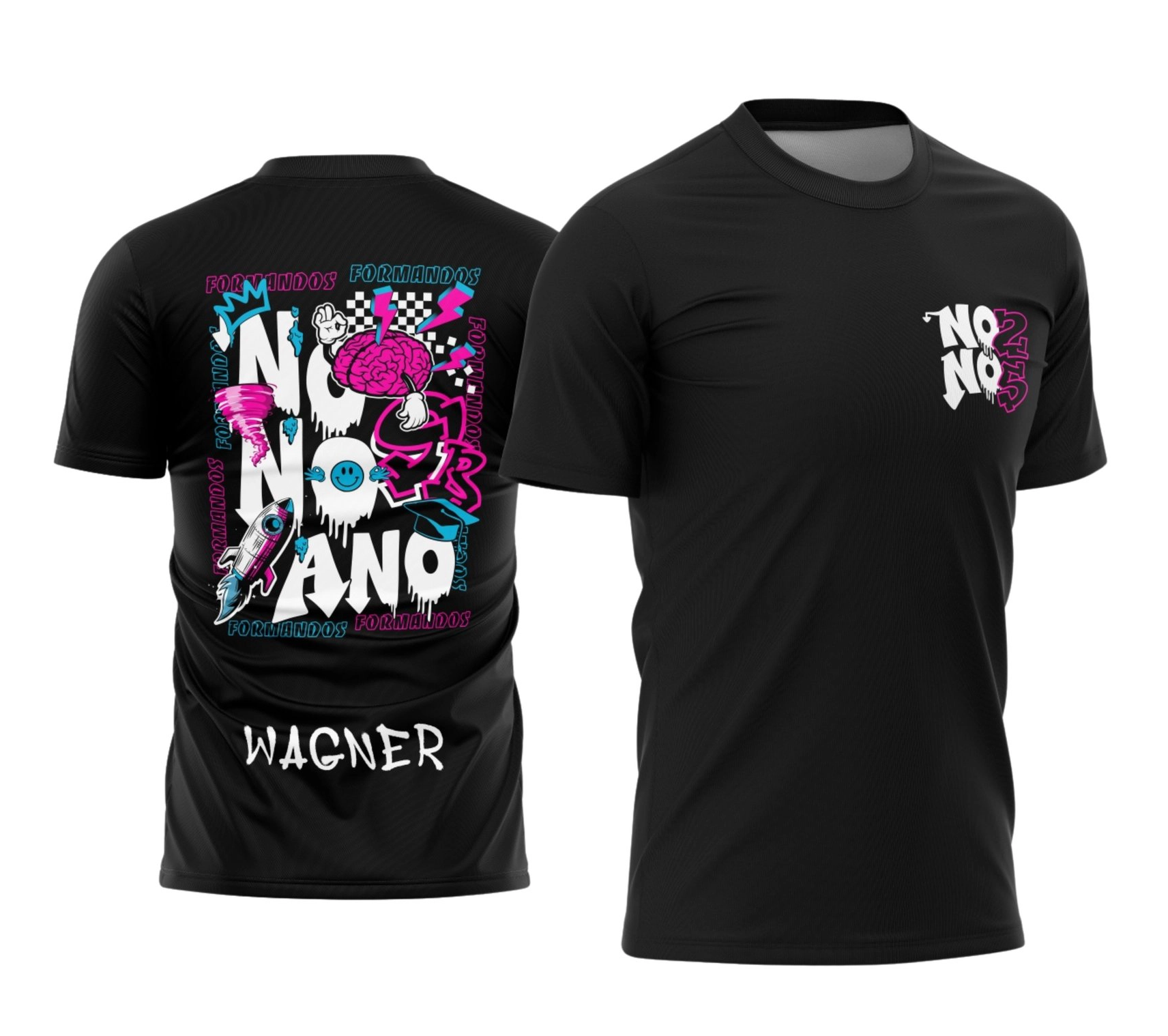 Camisa preta do terceirão 2026 modelo No No No com estampa criativa colorida e personalização com nome do aluno