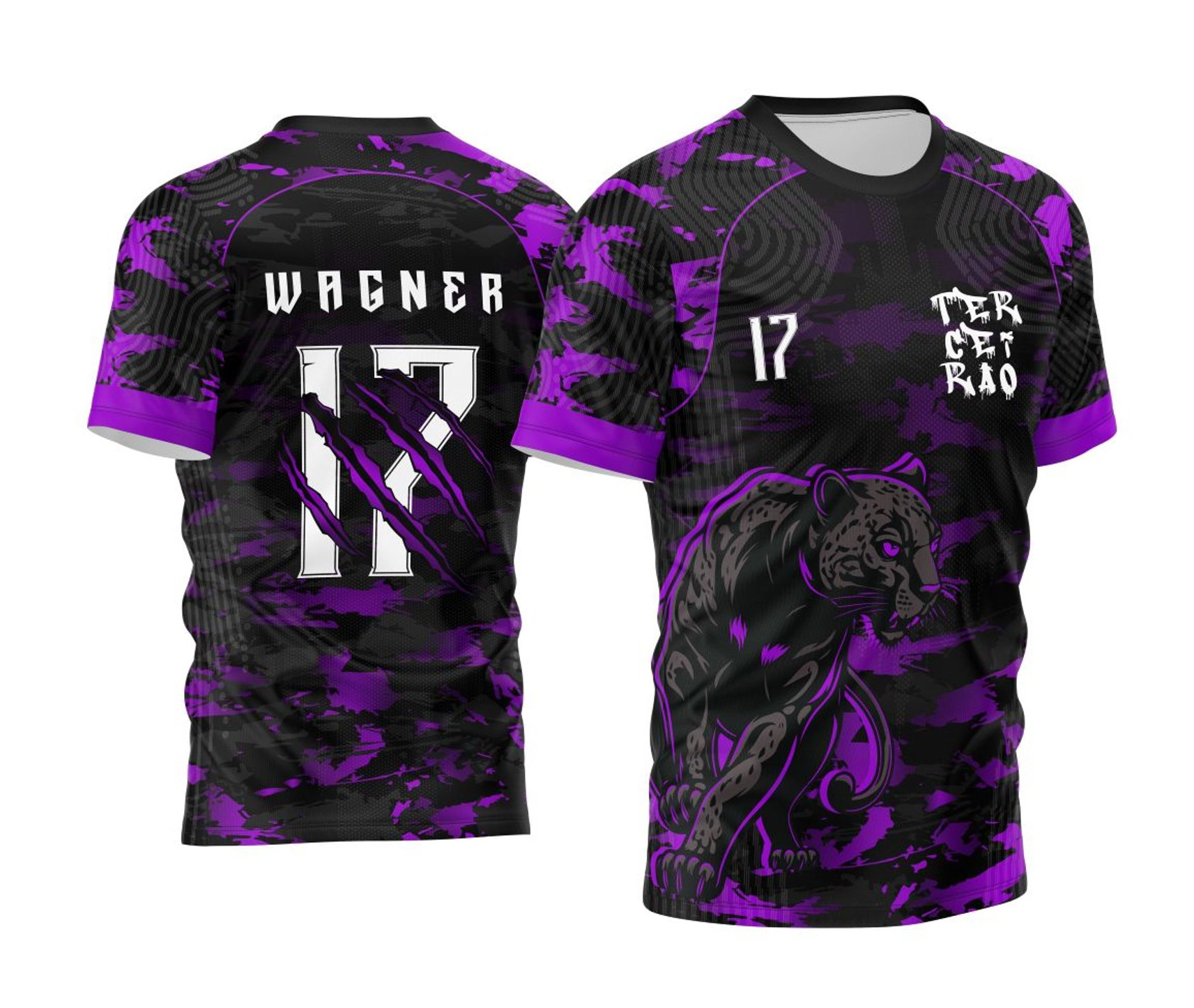 Camisa preta camuflada personalizada Terceirão 2026 com pantera roxa e número nas costas
