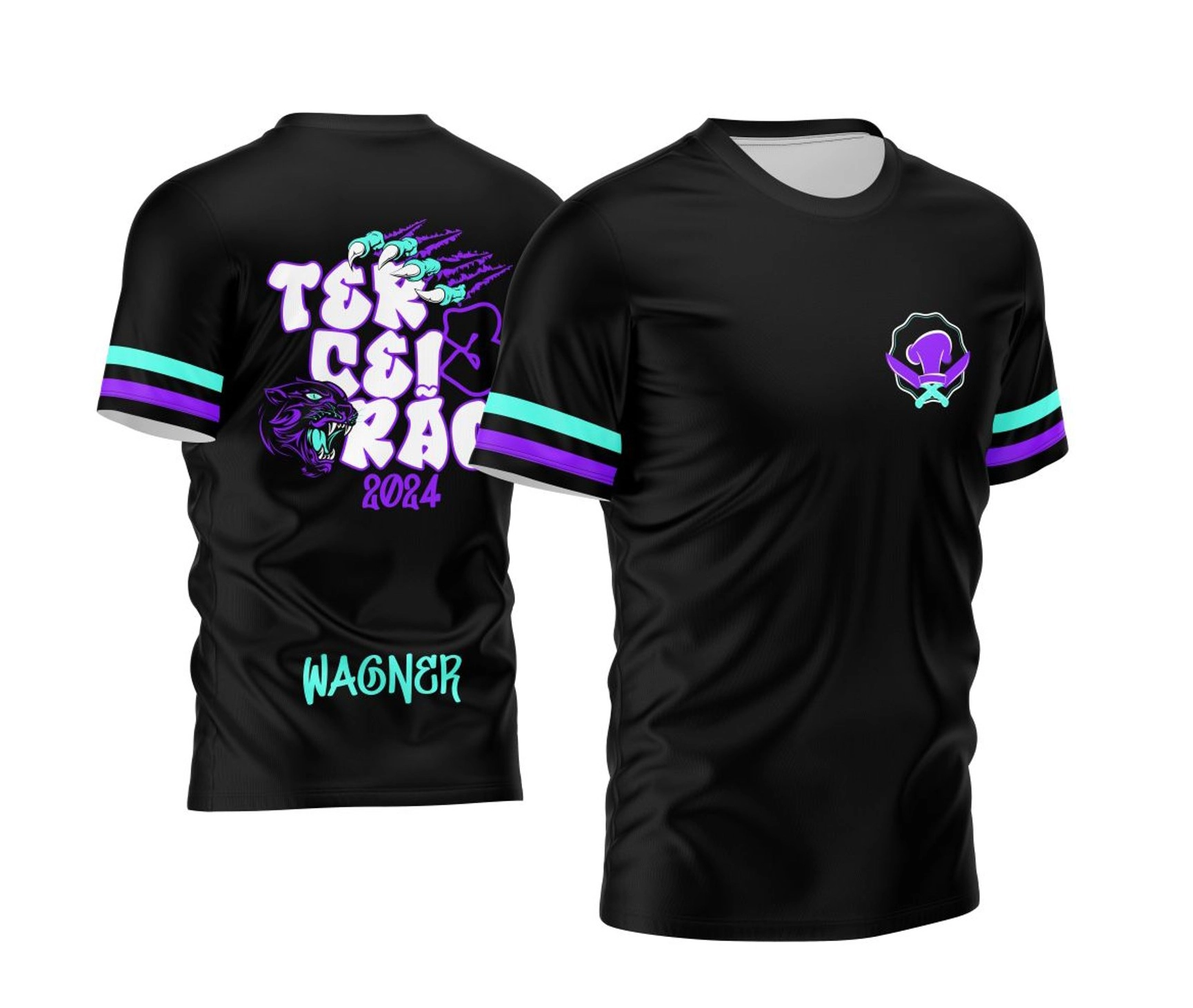 Camisa preta personalizada Terceirão 2026 com estampa de pantera neon roxa e verde e nome do aluno nas costas