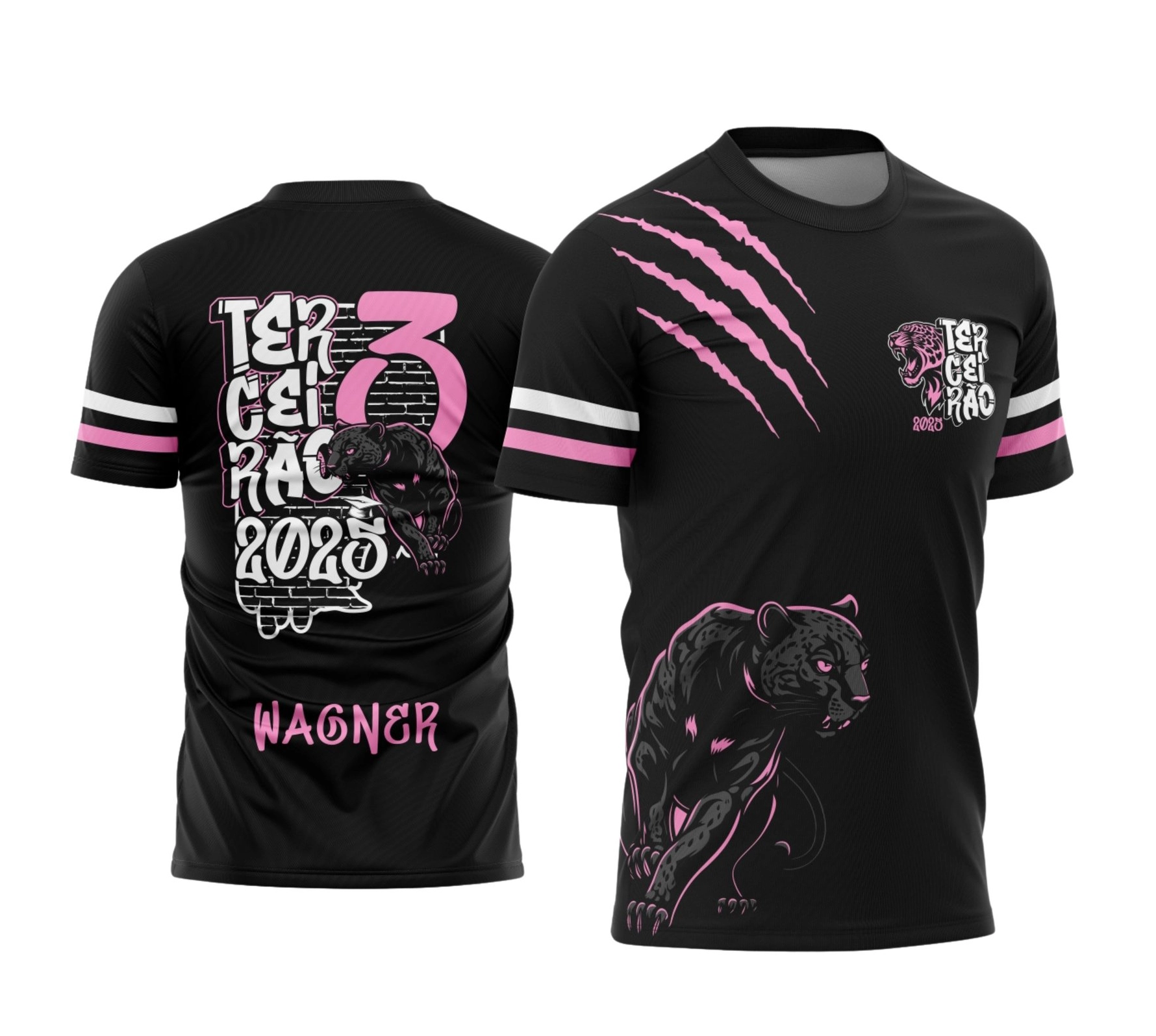 Camisa preta personalizada Terceirão 2026 com estampa de pantera rosa e nome do aluno nas costas