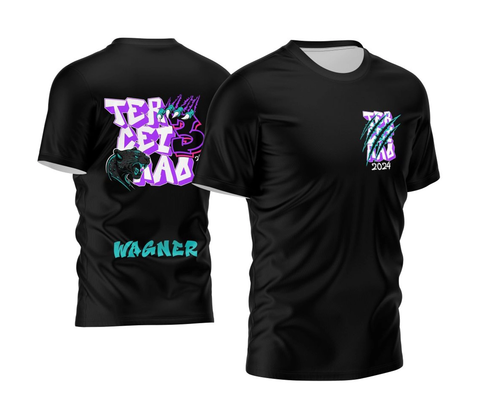 Camisa preta personalizada Terceirão 2026 com estampa de pantera em estilo urbano e nome do aluno nas costas