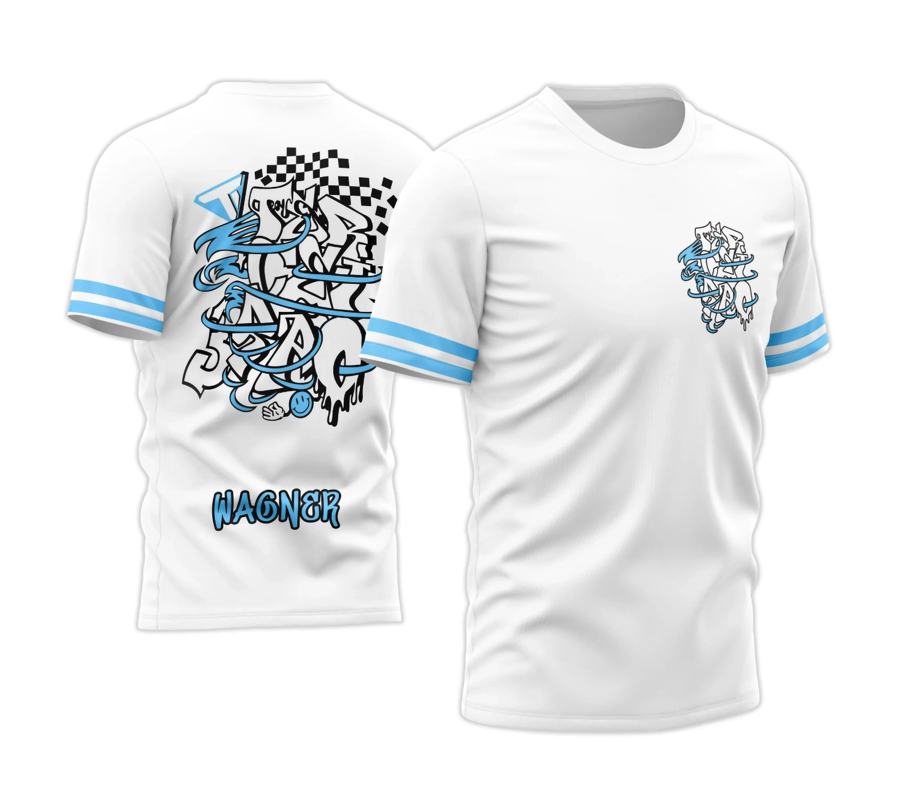 Camisa branca personalizada Terceirão 2026 com estampa grafite azul claro e nome nas costas