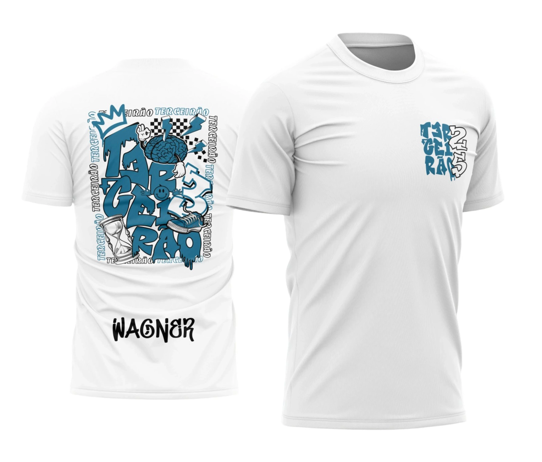 Camisa branca personalizada Terceirão 2026 com estampa street azul e nome do aluno nas costas