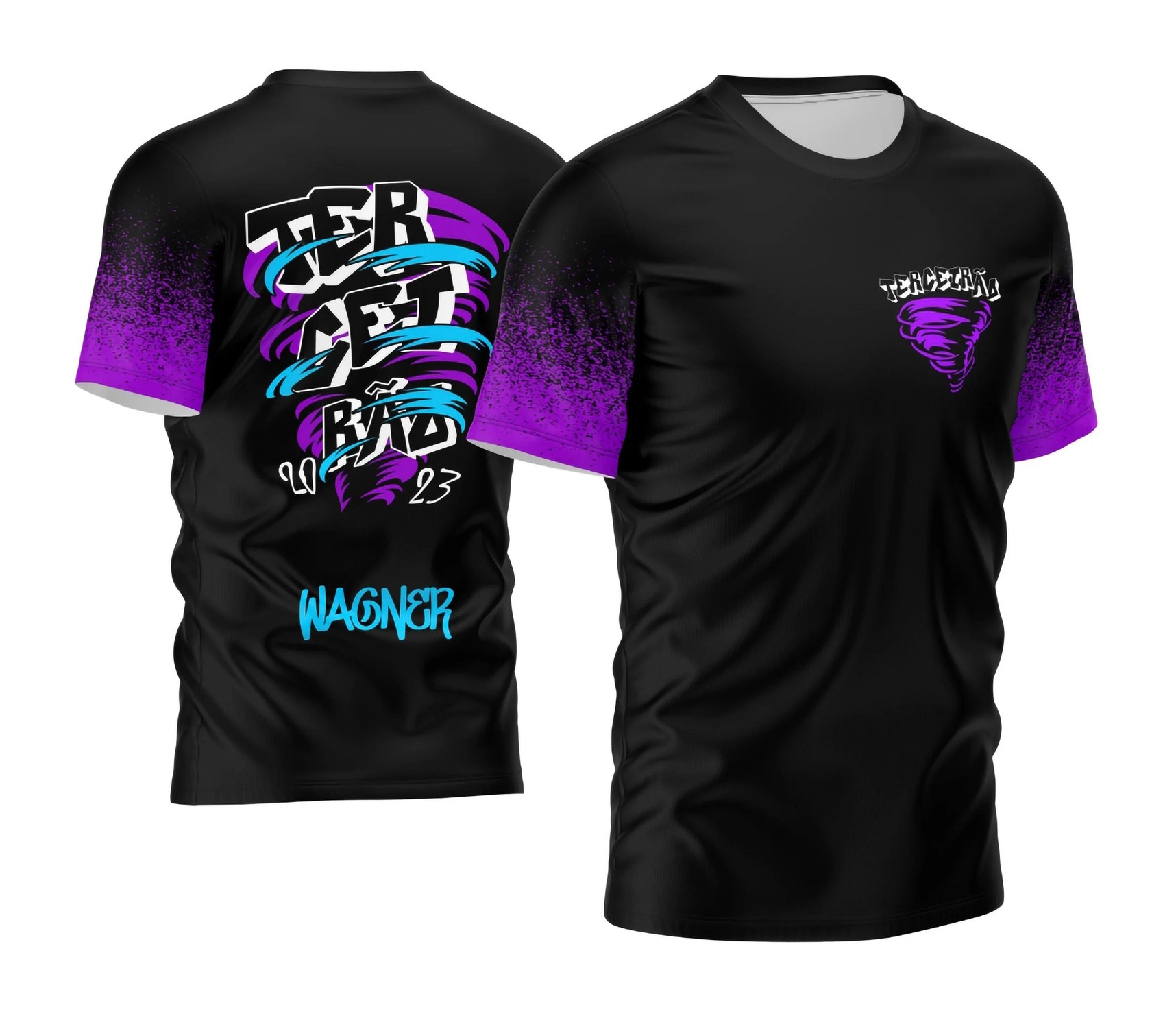 Camisa preta personalizada Terceirão 2026 com estampa de tornado roxo e azul e nome nas costas