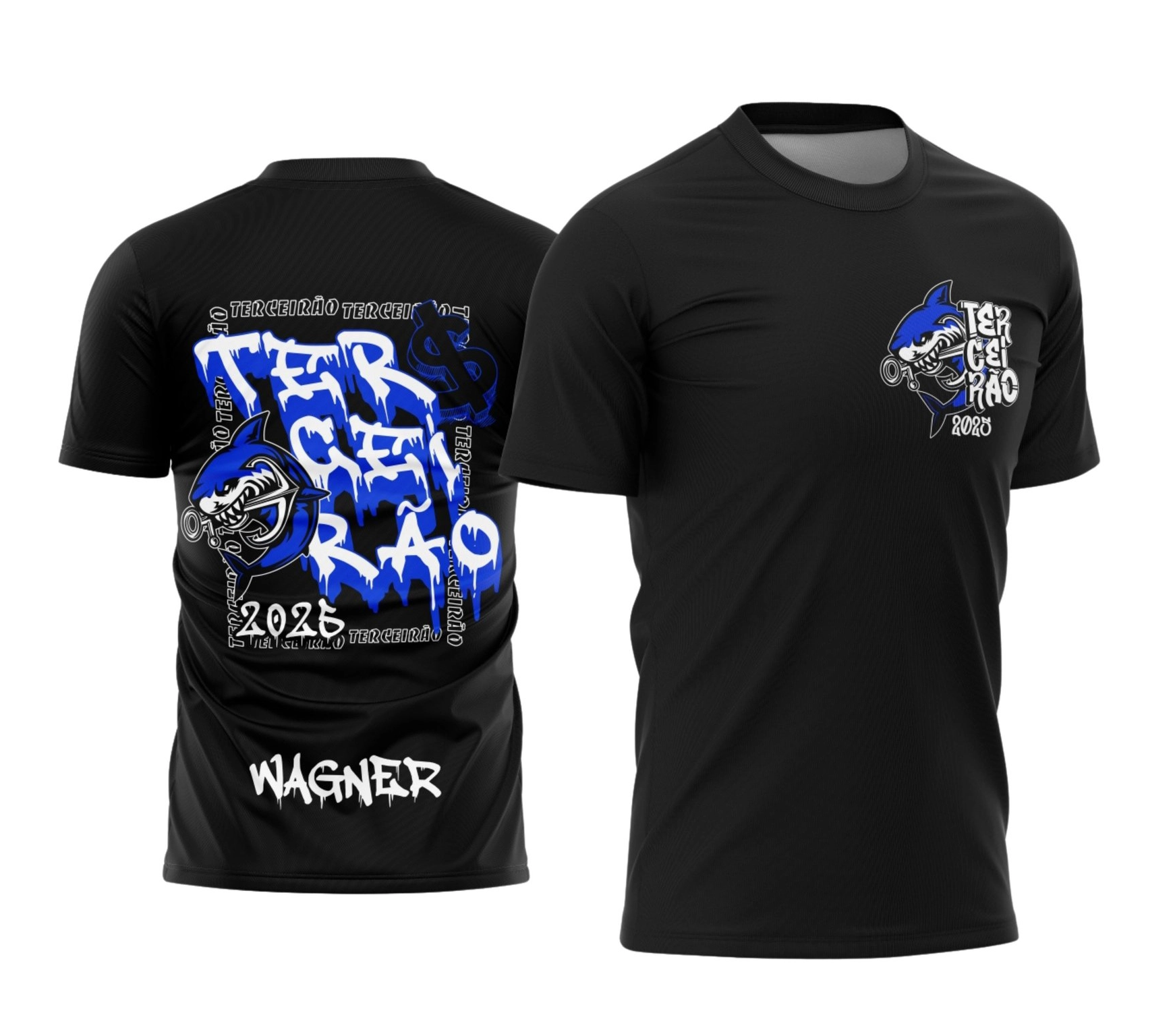 Camisa preta personalizada Terceirão 2026 com estampa de tubarão azul e nome nas costas