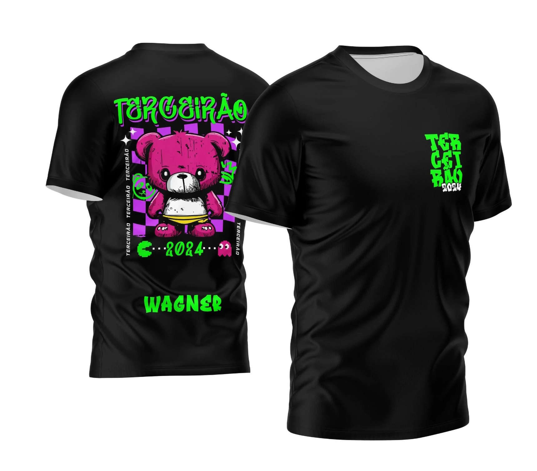 Camisa preta personalizada Terceirão 2026 com estampa de ursinho gamer neon e nome do aluno nas costas