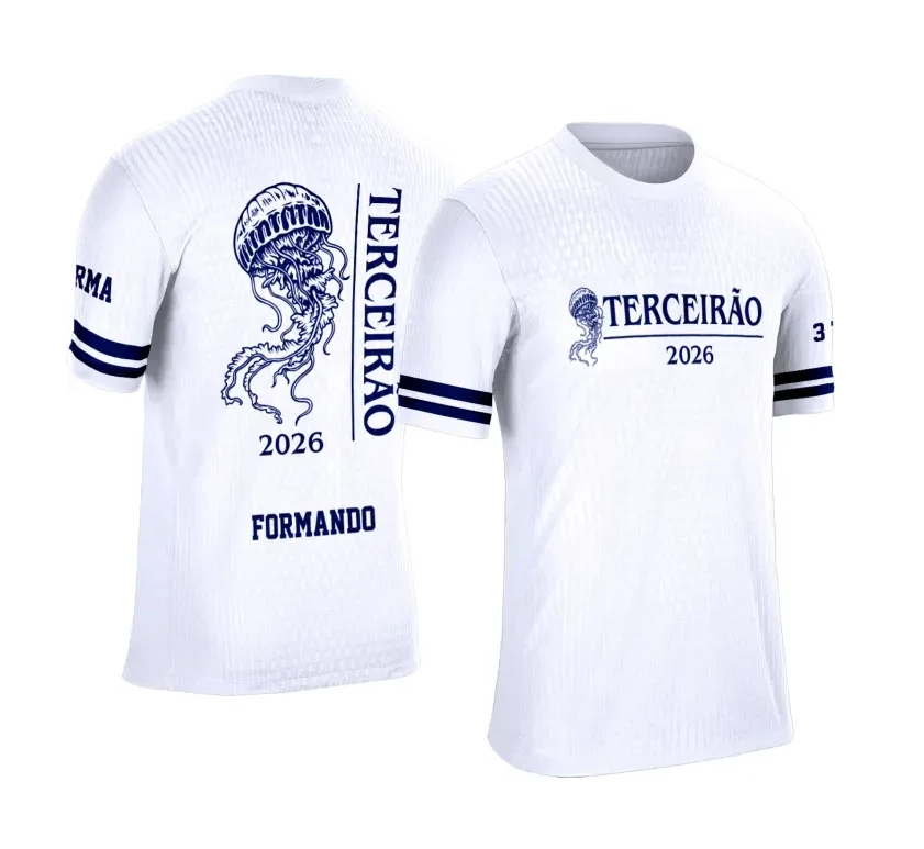 Camiseta branca personalizada Terceirão 2026 com estampa de água-viva azul marinho