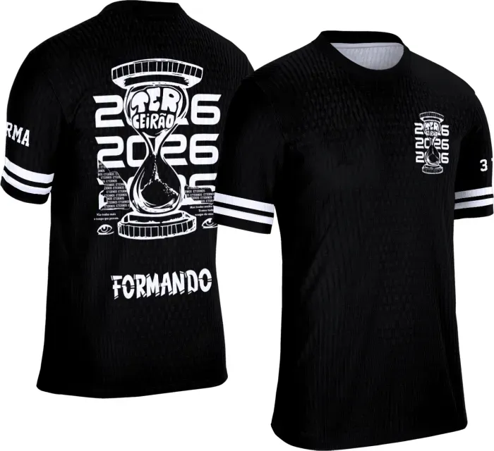 Camiseta preta personalizada Terceirão 2026 com estampa de ampulheta branca
