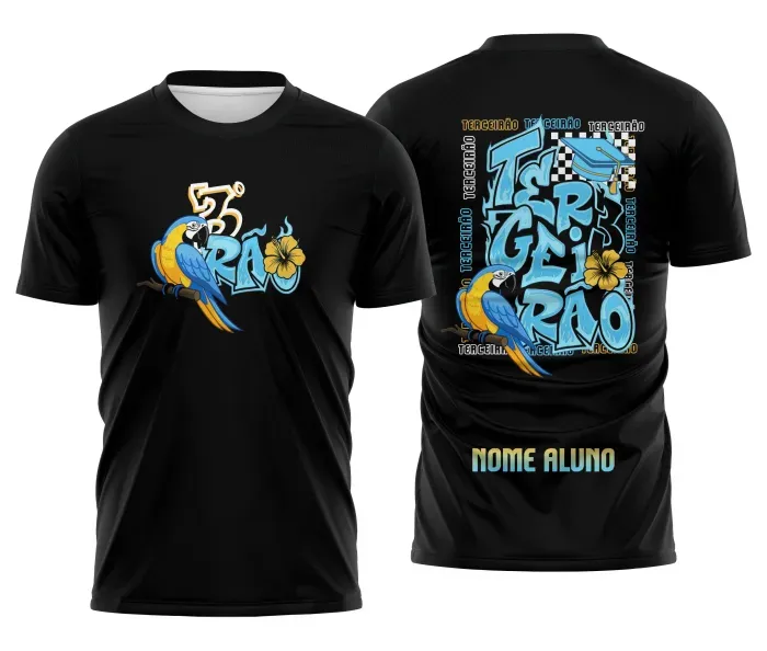 Camiseta preta personalizada Terceirão 2026 com estampa de arara azul e elementos tropicais