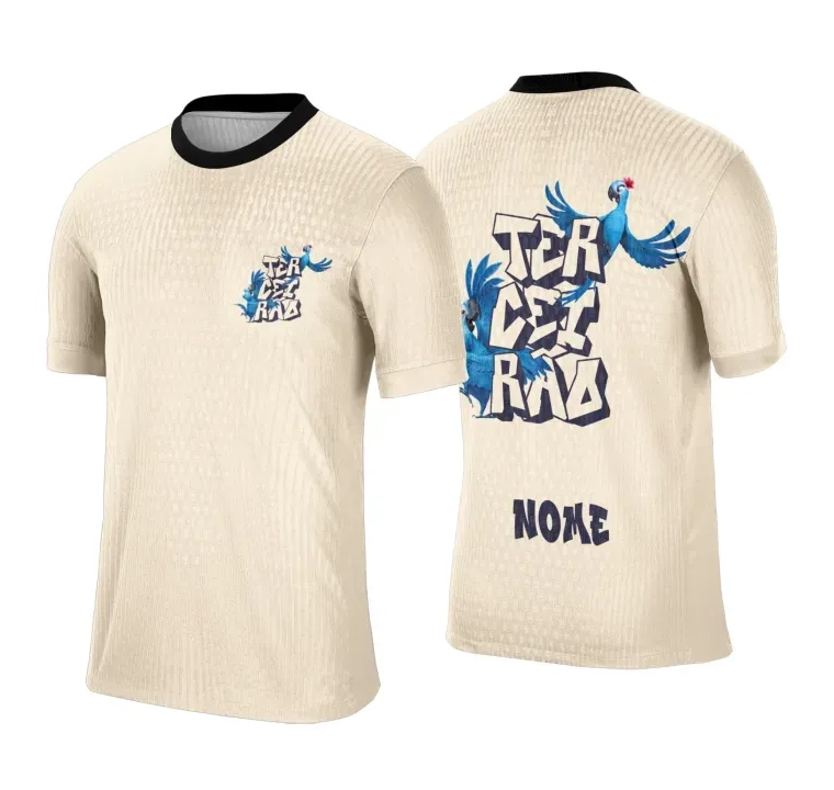Camiseta personalizada Terceirão 2026 bege com estampa de araras azuis e nome nas costas