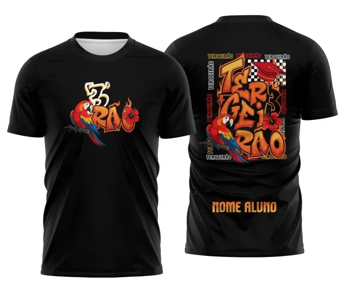 Camiseta preta personalizada Terceirão 2026 com estampa de arara vermelha tropical