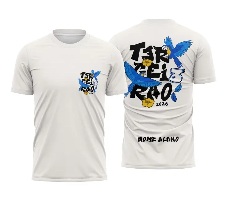 Camiseta branca personalizada Terceirão 2026 com estampa de araras azuis voando