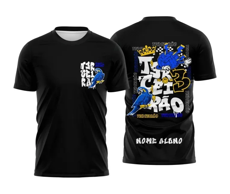Camiseta preta personalizada Terceirão 2026 com estampa de arara azul e elementos gráficos