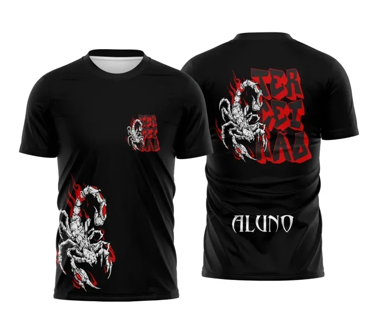 Camiseta preta personalizada Terceirão 2026 com estampa de escorpião vermelho