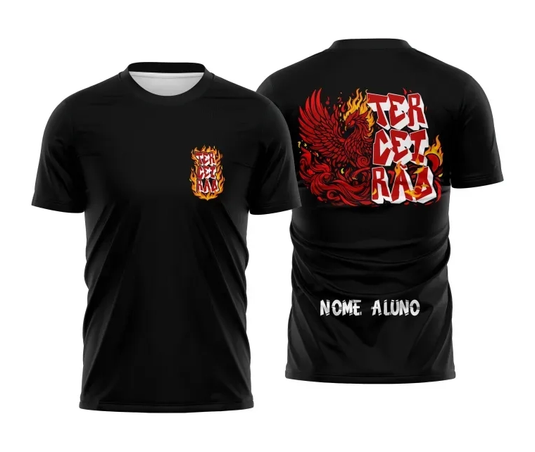 Camiseta preta personalizada Terceirão 2026 com estampa de fênix vermelha em chamas