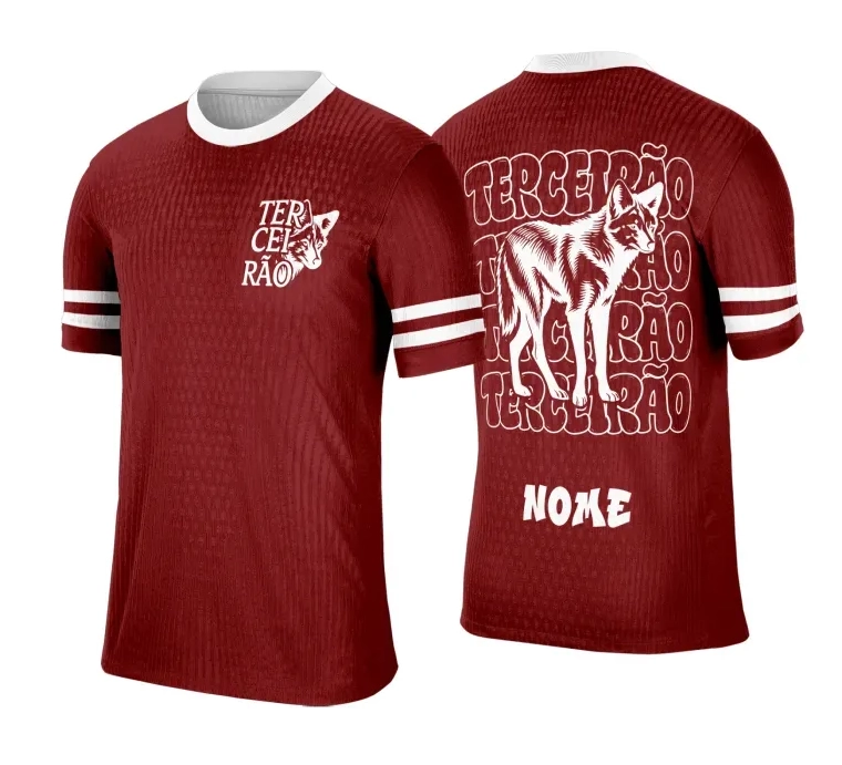 Camisa branca personalizada Terceirão 2026 com estampa de tubarão rosa e nome nas costas